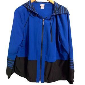 Chico's Lightweight Hooded Jacket Blue Black Stripe Full Zip Athleisure Size L